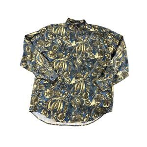 Men’s Silk Society L Blue/Gold Leaf Print 100% Silk Long-Sleeve Shirt – Exc